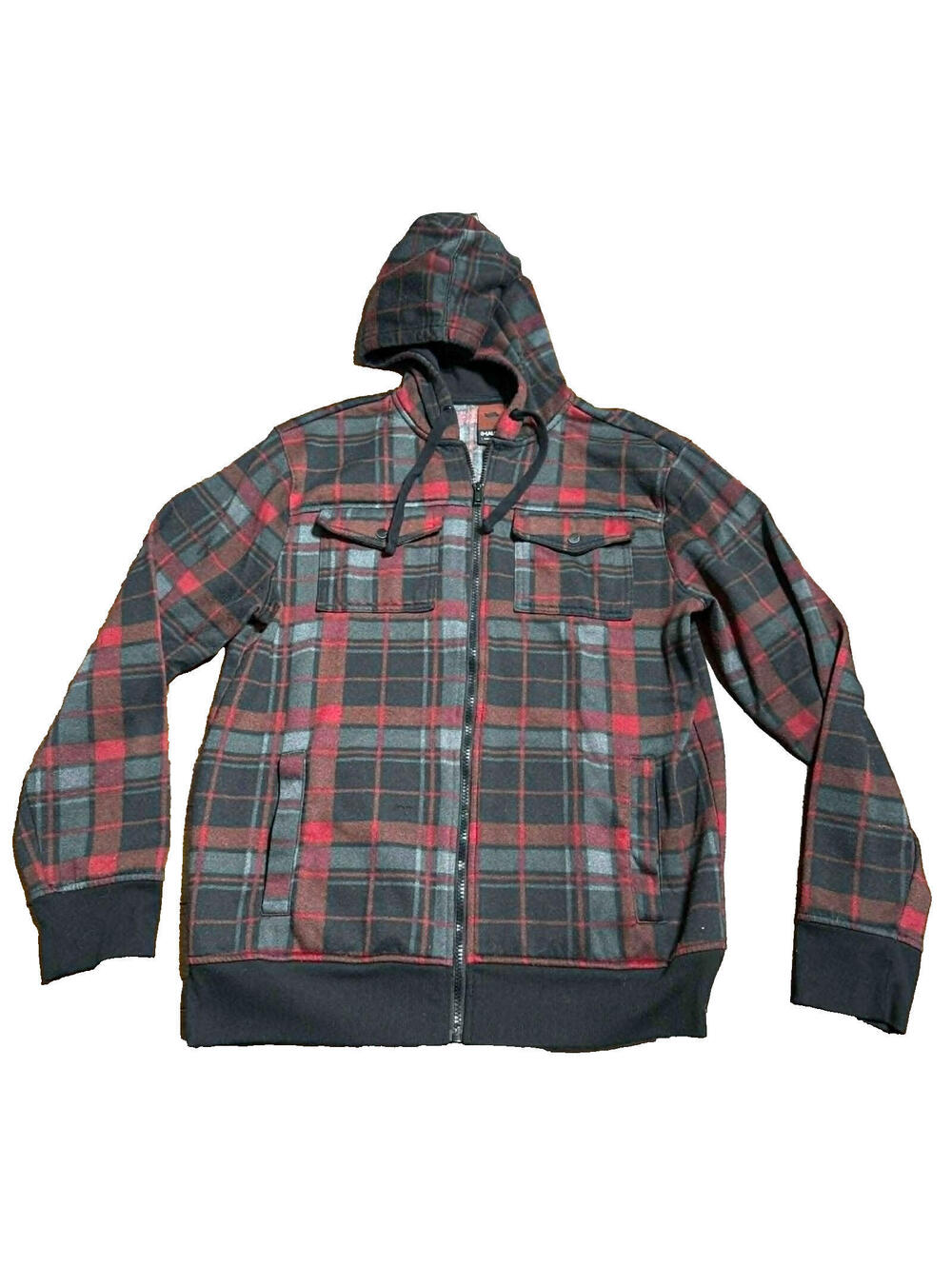 Tony Hawk Mens Hoodie Full Zip Plaid Skater Y2K Streetwear Fleece Lined Size L